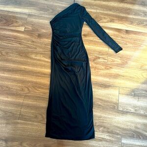ZARA WOMAN LONG ASYMMETRIC POLYAMIDE DRESS BLACK